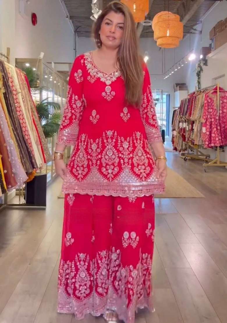 Red Embroidery Georgette Salwar Suit Set - Indya