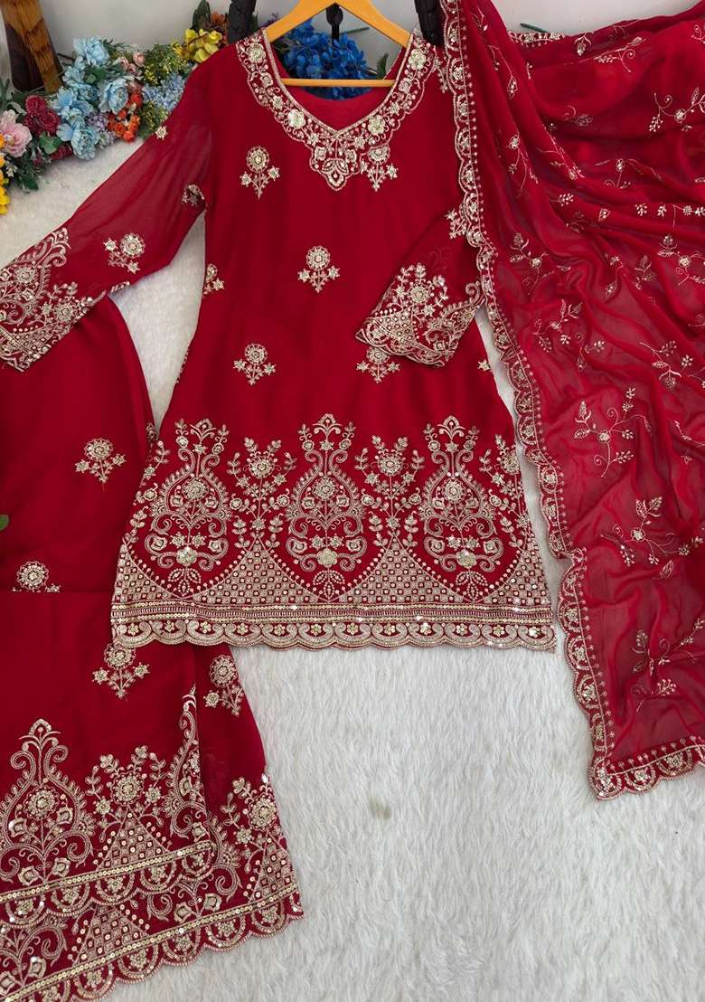 Red Embroidery Georgette Salwar Suit Set - Indya