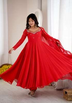 Red Embroidery Georgette Anarkali Gown Set