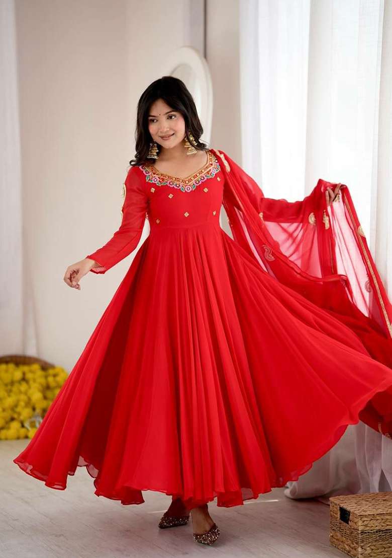 Red Embroidery Georgette Anarkali Gown Set - Indya