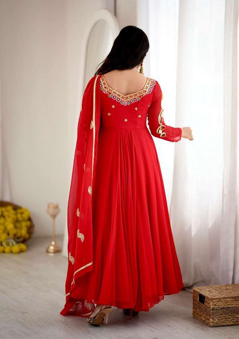 Red Embroidery Georgette Anarkali Gown Set - Indya