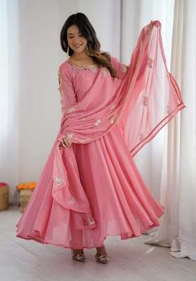 Pink Embroidery Georgette Anarkali Gown Set