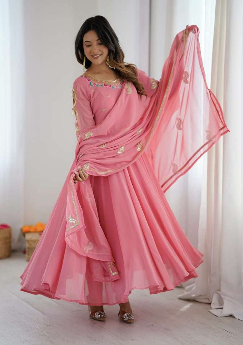 Pink Embroidery Georgette Anarkali Gown Set - Indya