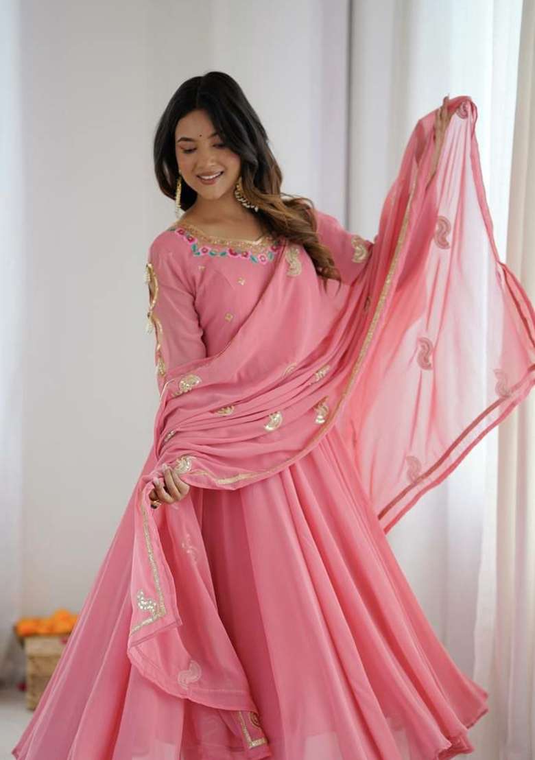 Pink Embroidery Georgette Anarkali Gown Set - Indya