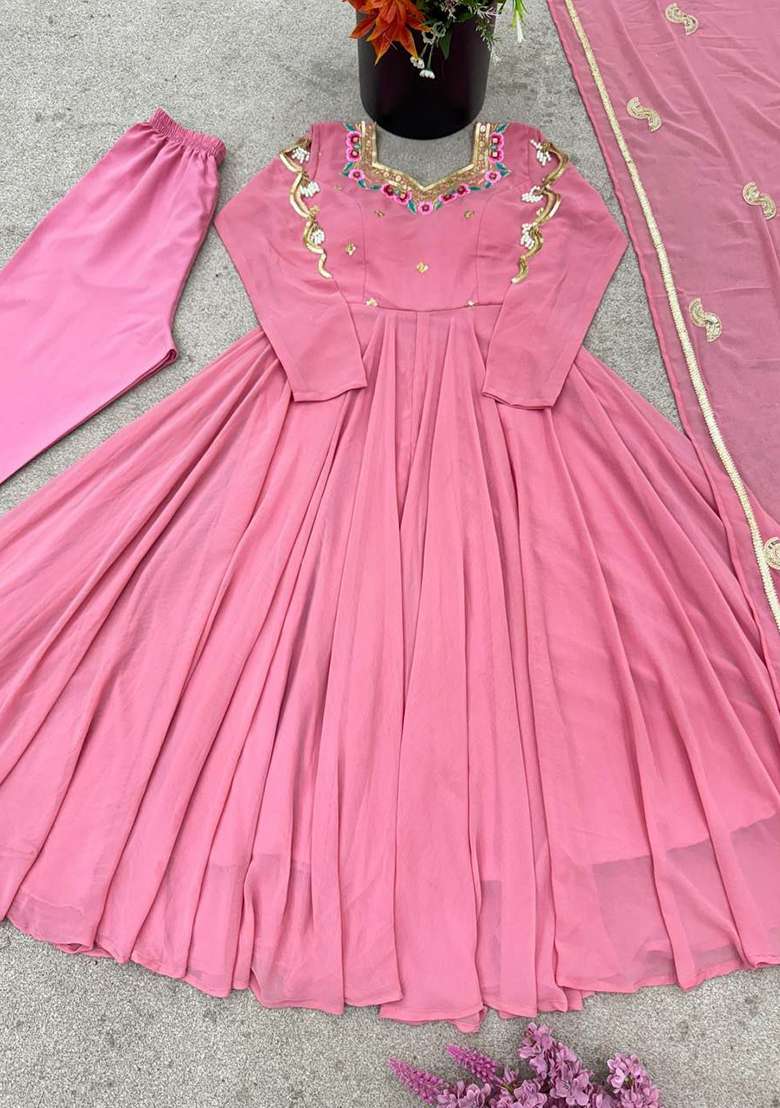 Pink Embroidery Georgette Anarkali Gown Set - Indya