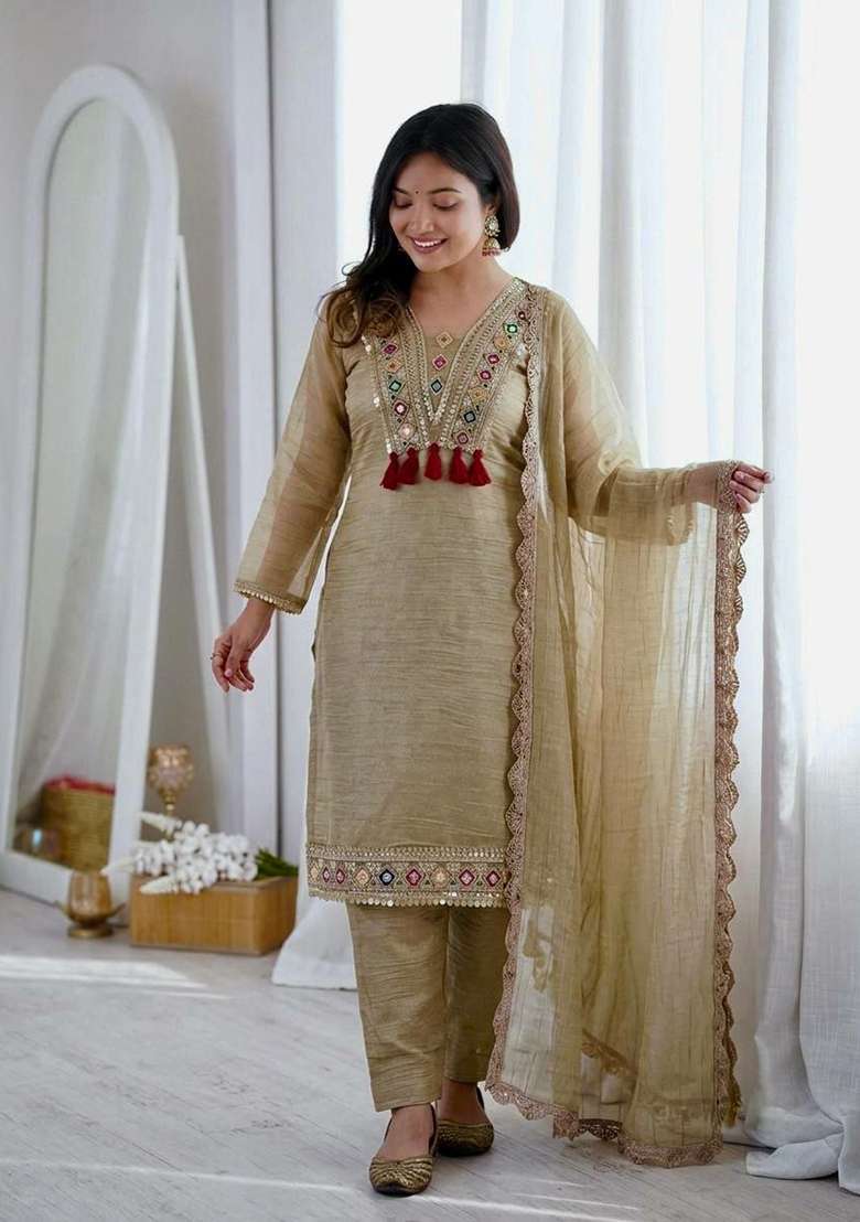 Beige Embroidery Silk Salwar Suit Set - Indya