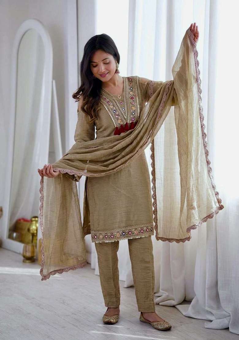 Beige Embroidery Silk Salwar Suit Set - Indya
