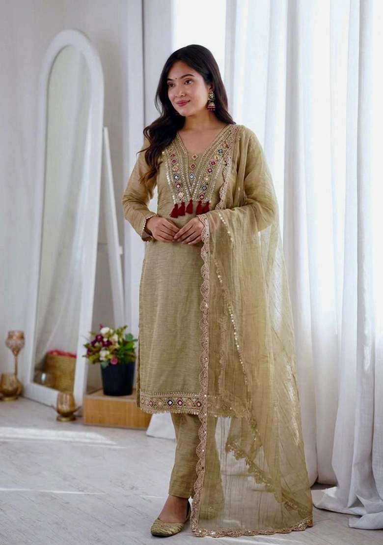 Beige Embroidery Silk Salwar Suit Set - Indya