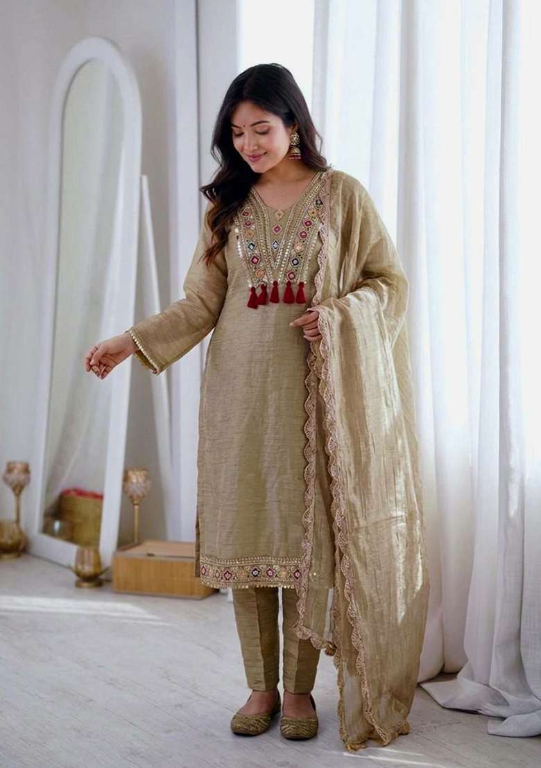 Beige Embroidery Silk Salwar Suit Set - Indya
