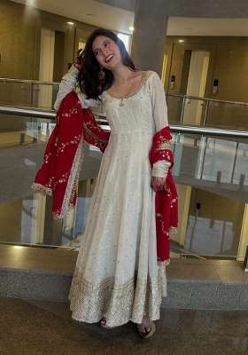 White Embroidery Silk Anarkali Gown Set