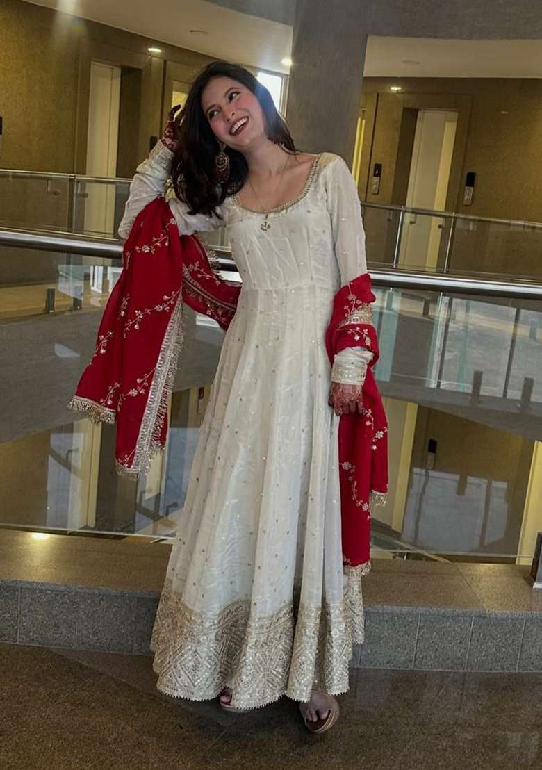 White Embroidery Silk Anarkali Gown Set - Indya