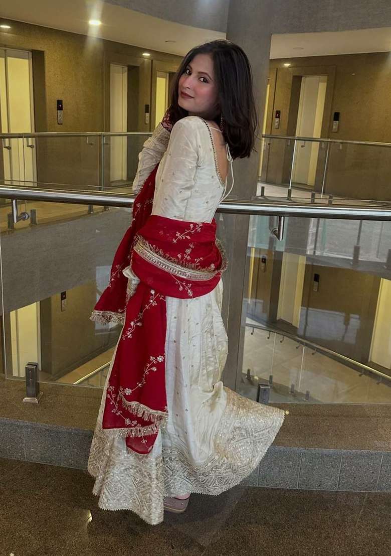 White Embroidery Silk Anarkali Gown Set - Indya