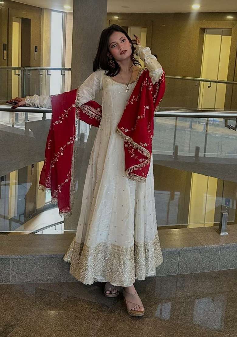 White Embroidery Silk Anarkali Gown Set - Indya
