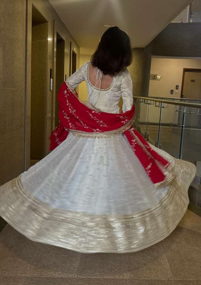 White Embroidery Silk Anarkali Gown Set - Indya