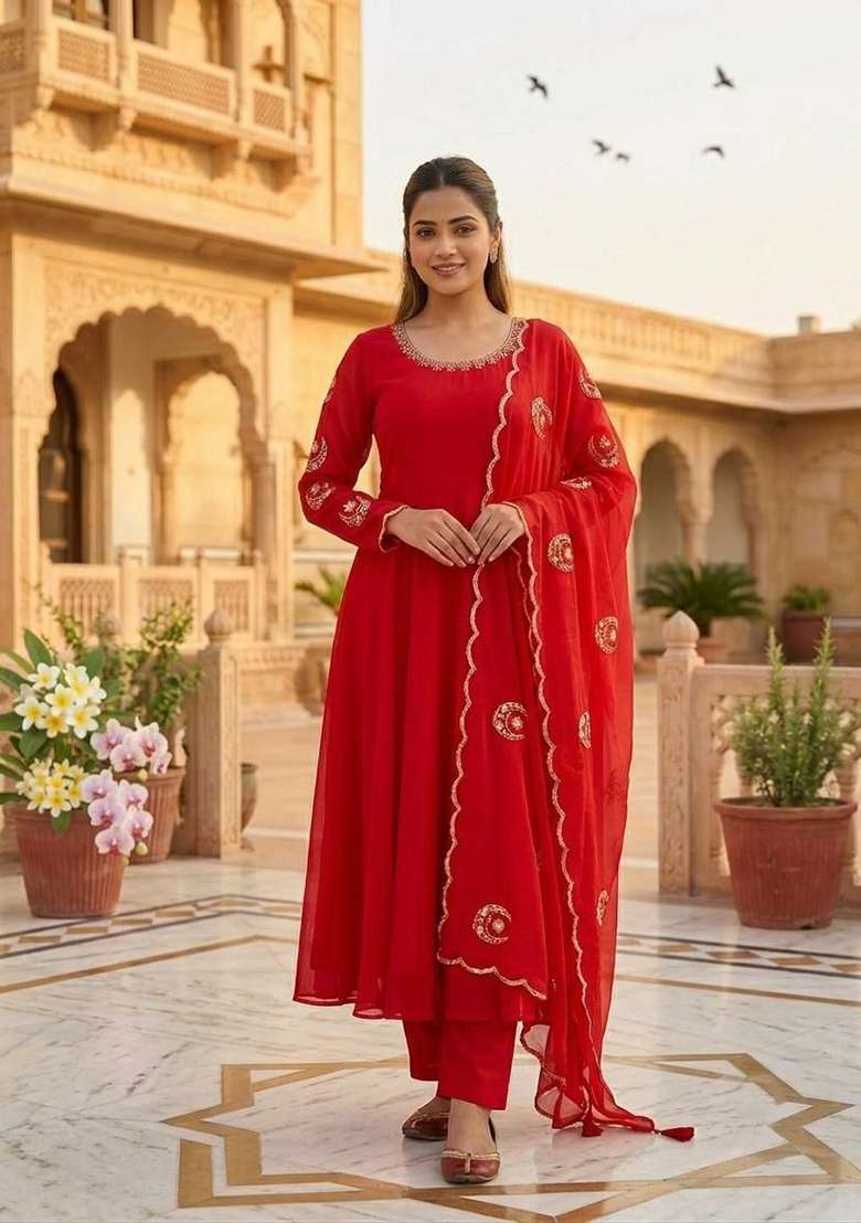 Red Embroidery Georgette Anarkali Gown Set - Indya