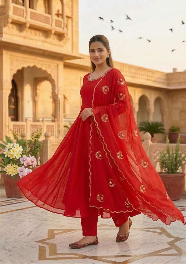 Red Embroidery Georgette Anarkali Gown Set - Indya