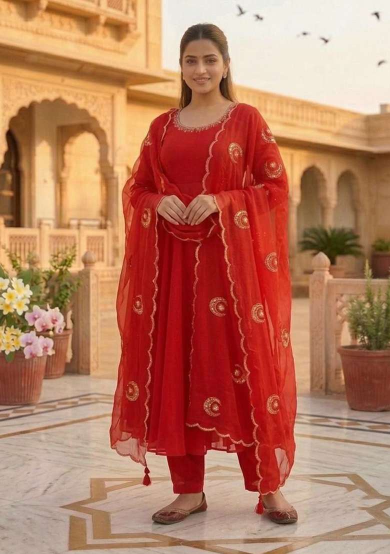 Red Embroidery Georgette Anarkali Gown Set - Indya