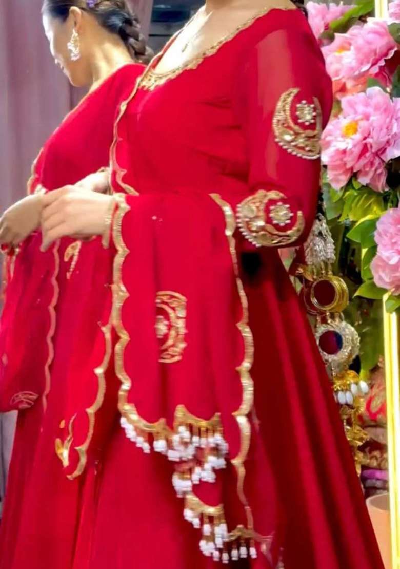 Red Embroidery Georgette Anarkali Gown Set - Indya