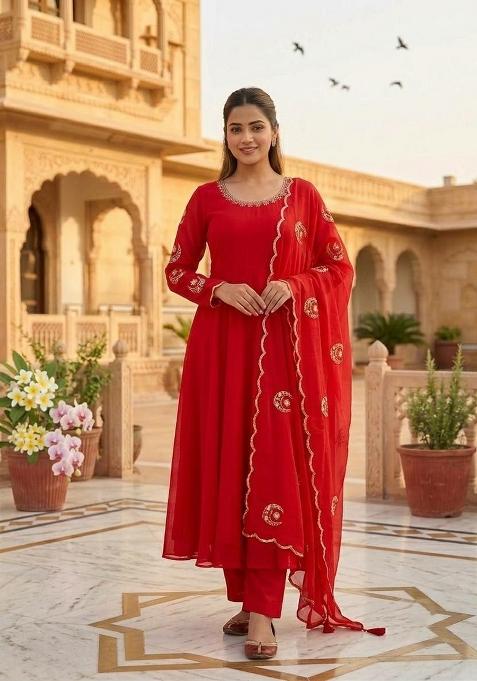 Red Embroidery Georgette Anarkali Gown Set