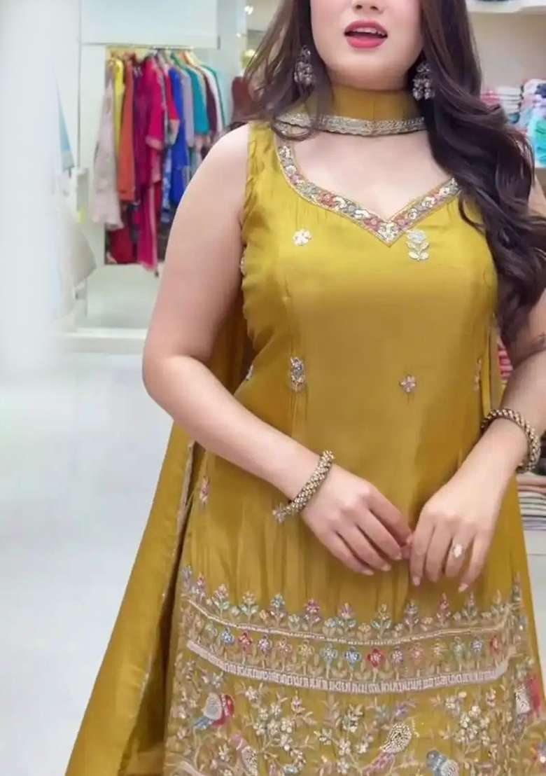 Yellow Embroidery Silk Salwar Suit Set - Indya