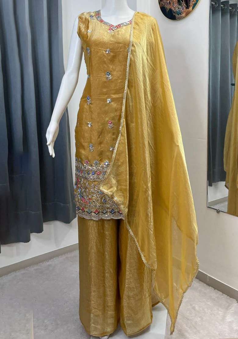 Yellow Embroidery Silk Salwar Suit Set - Indya
