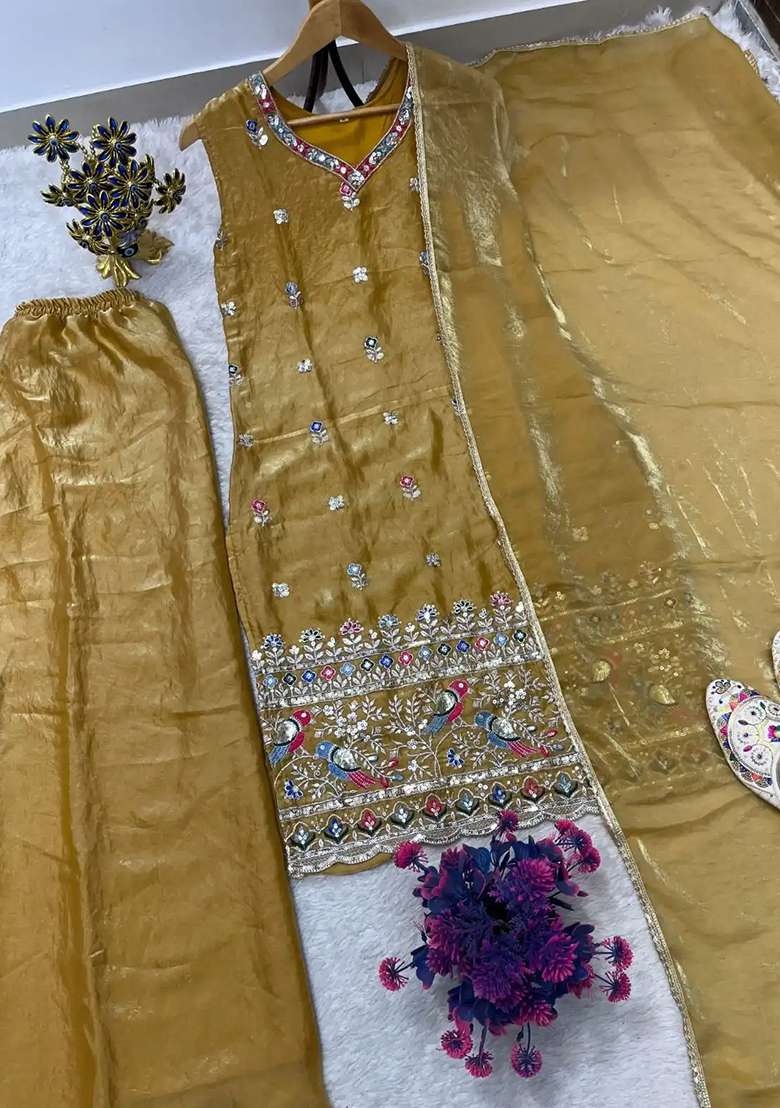 Yellow Embroidery Silk Salwar Suit Set - Indya