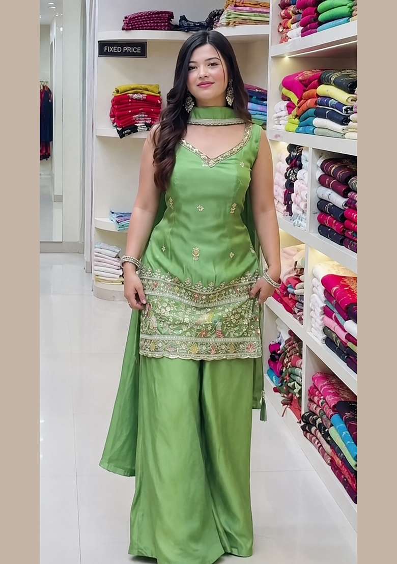 Green Embroidery Silk Salwar Suit Set - Indya