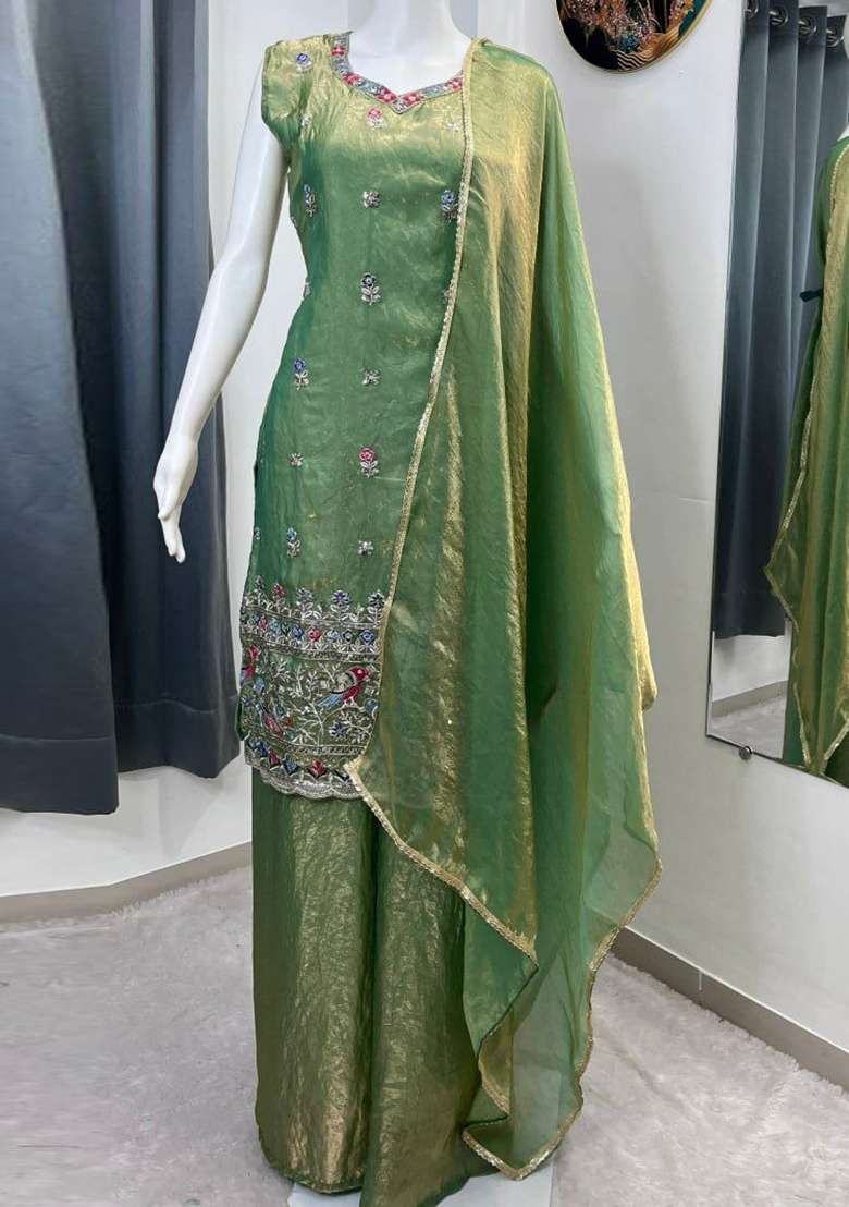 Green Embroidery Silk Salwar Suit Set - Indya