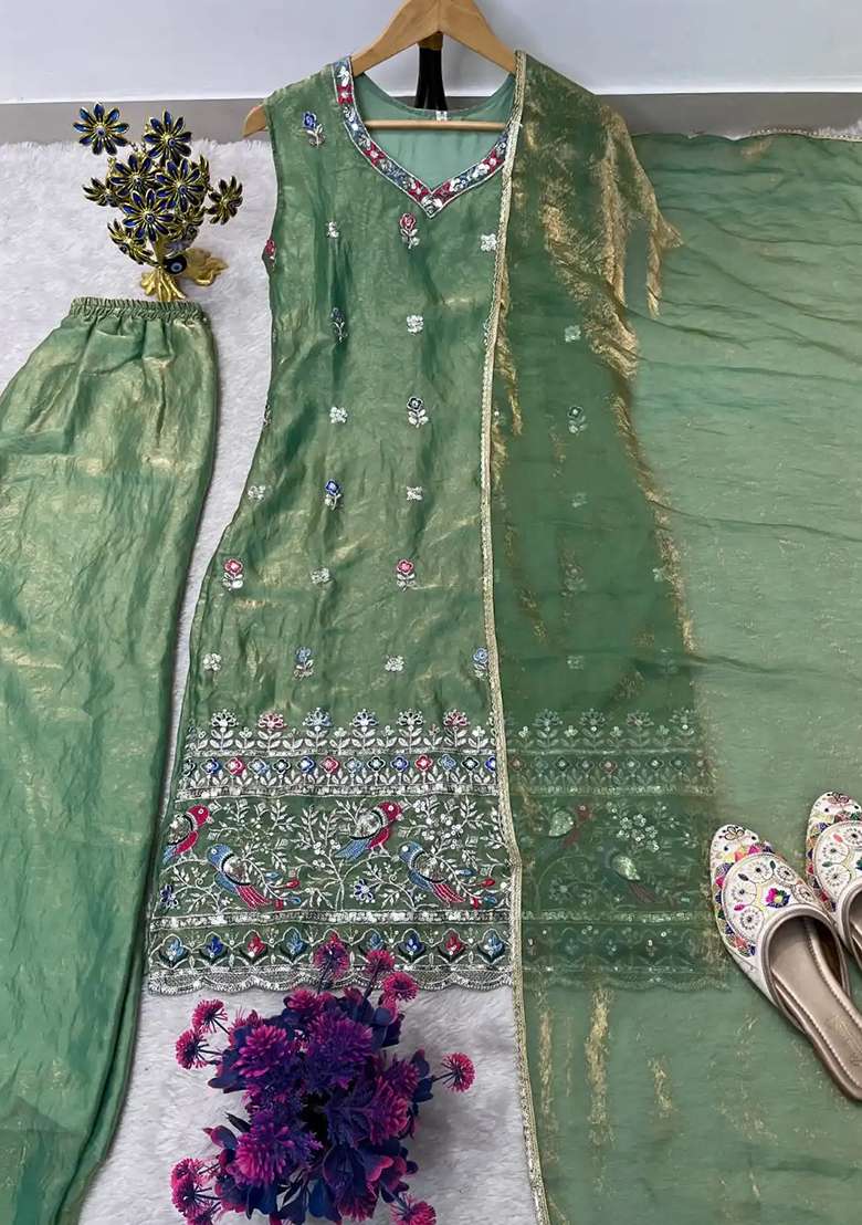 Green Embroidery Silk Salwar Suit Set - Indya