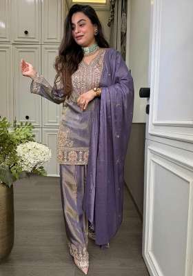Purple Embroidery Silk Salwar Suit Set