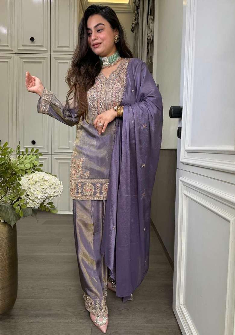 Purple Embroidery Silk Salwar Suit Set - Indya