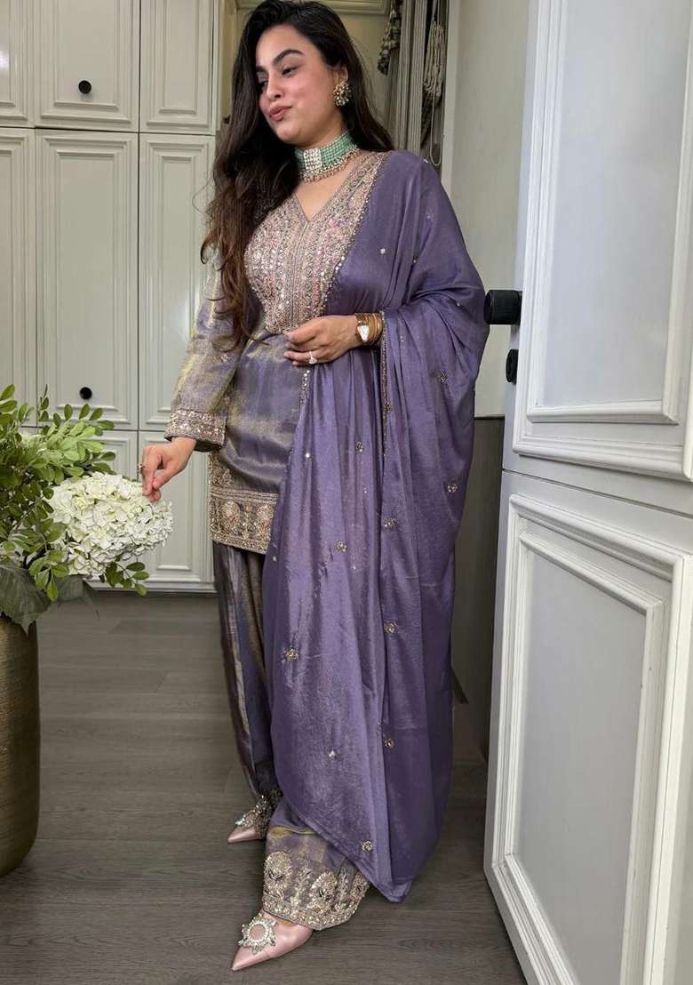Purple Embroidery Silk Salwar Suit Set - Indya