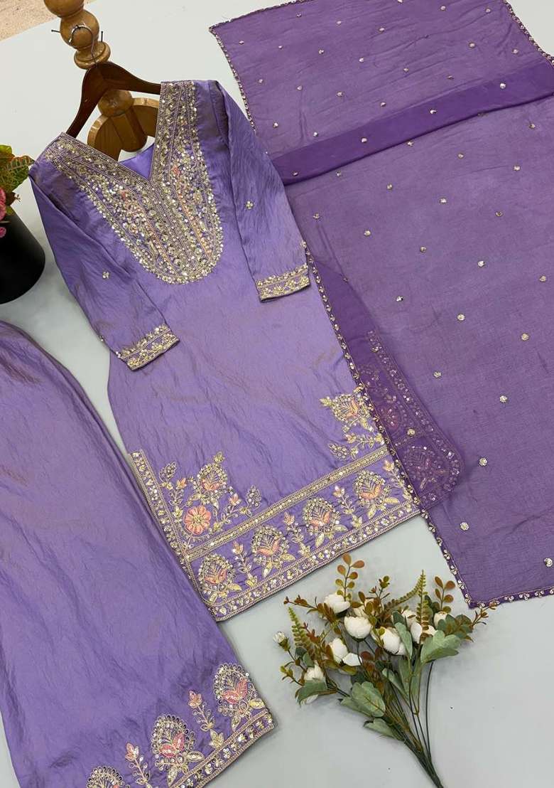 Purple Embroidery Silk Salwar Suit Set - Indya