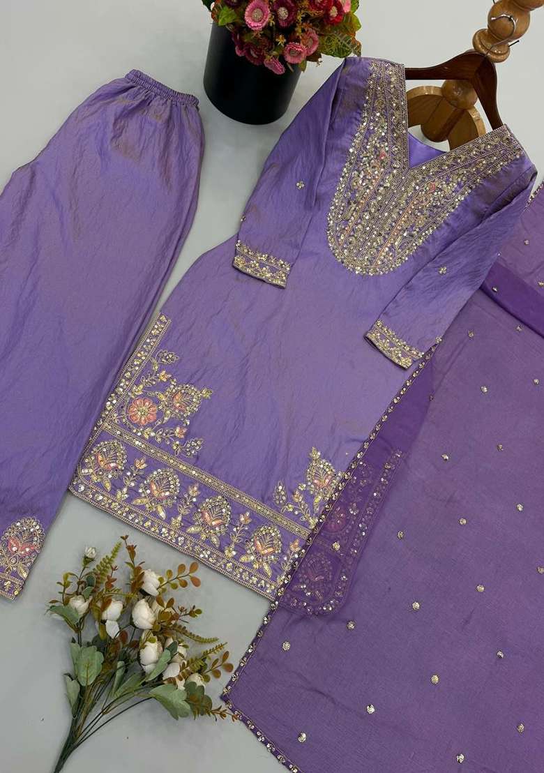 Purple Embroidery Silk Salwar Suit Set - Indya
