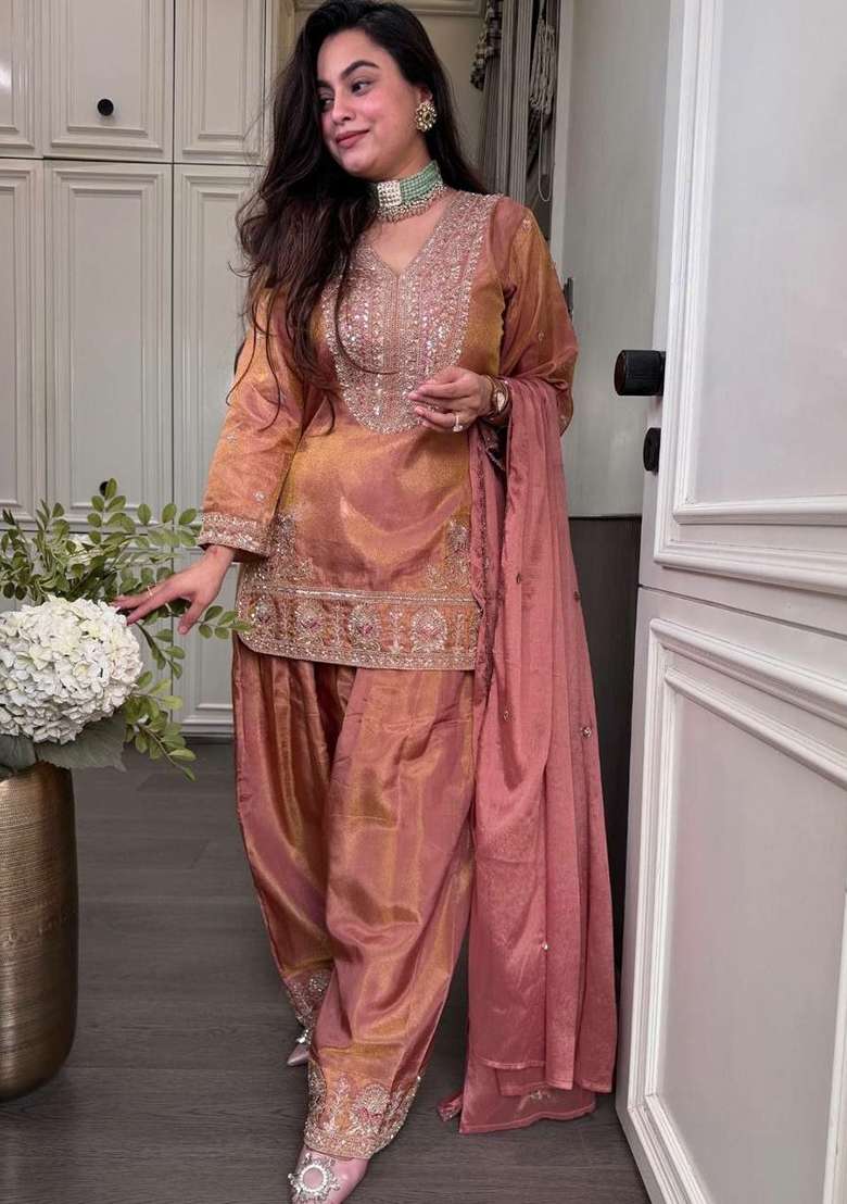 Pink Embroidery Silk Salwar Suit Set - Indya