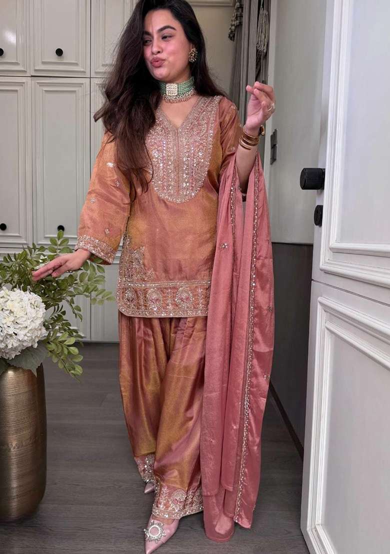Pink Embroidery Silk Salwar Suit Set - Indya