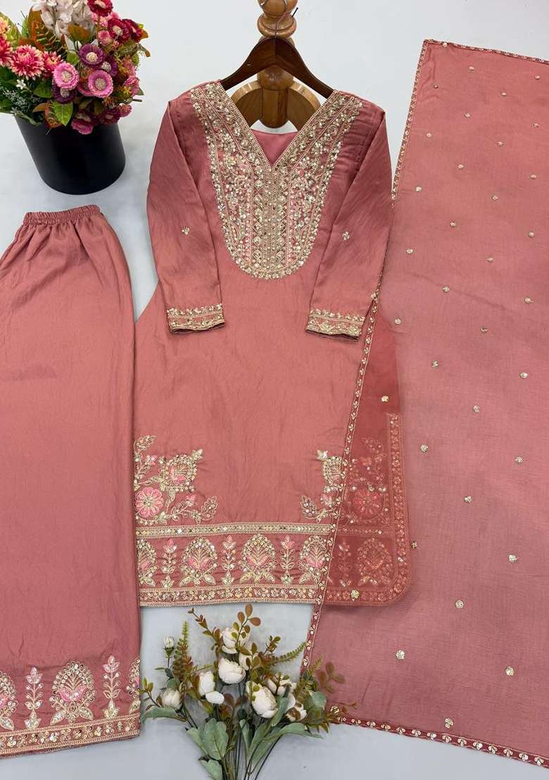 Pink Embroidery Silk Salwar Suit Set - Indya