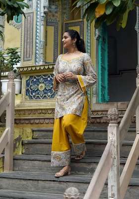 Yellow Printed Crepe Salwar Suit Set