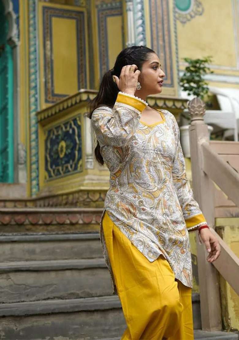 Yellow Printed Crepe Salwar Suit Set - Indya