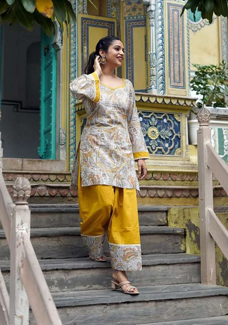 Yellow Printed Crepe Salwar Suit Set - Indya