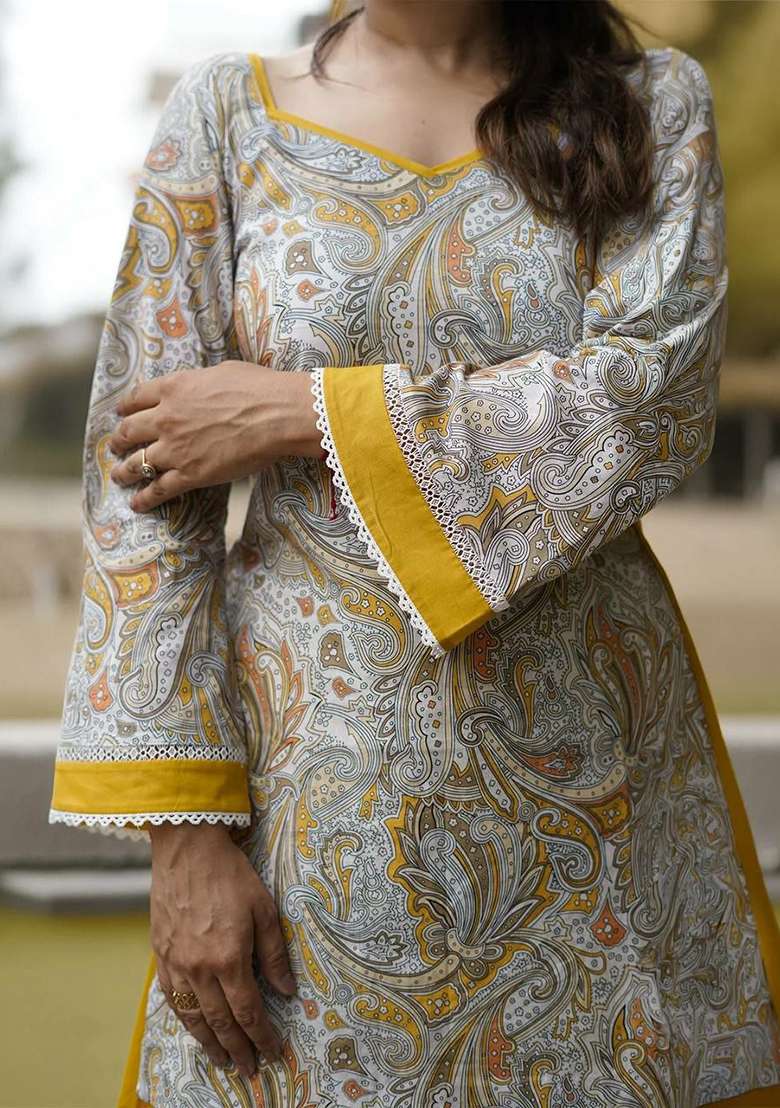 Yellow Printed Crepe Salwar Suit Set - Indya