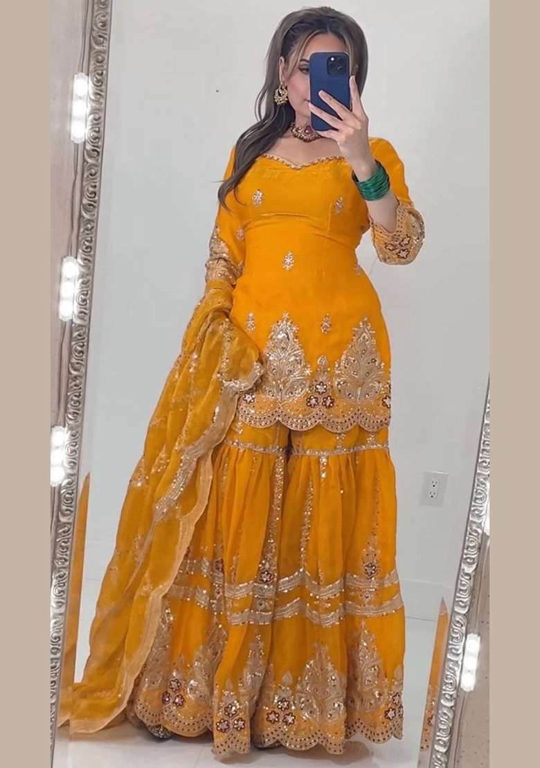 Yellow Embroidery Fendi Salwar Suit Set - Indya