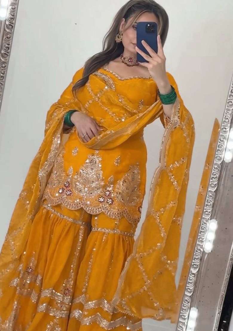 Yellow Embroidery Fendi Salwar Suit Set - Indya