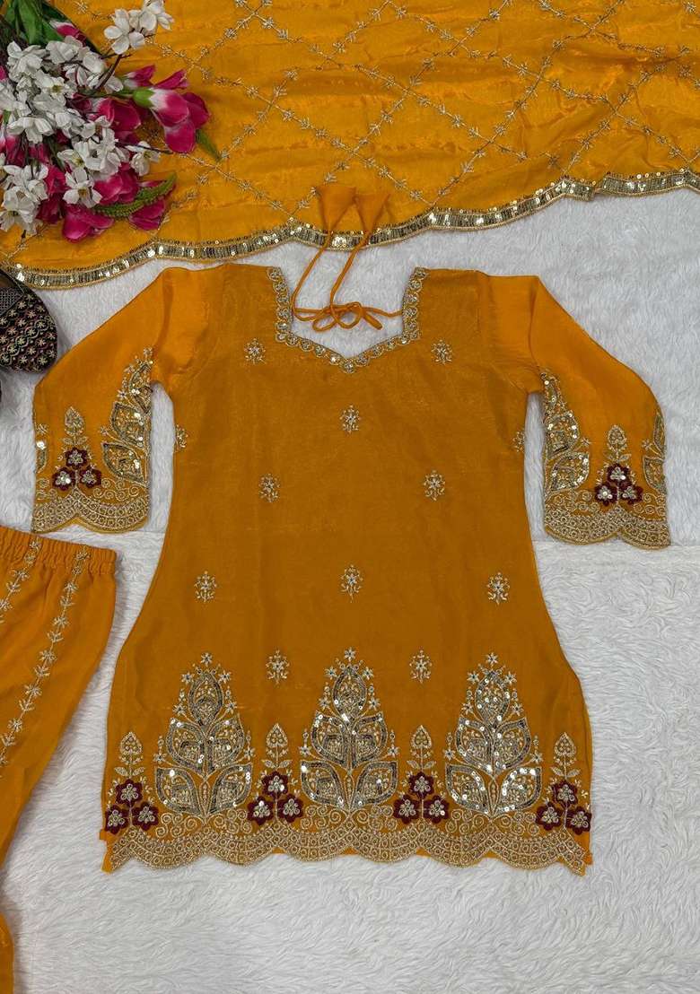 Yellow Embroidery Fendi Salwar Suit Set - Indya