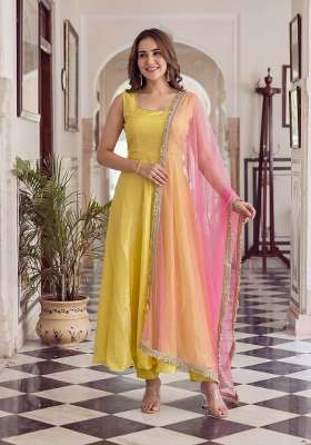 Yellow Lace Work Roman Anarkali Gown Set