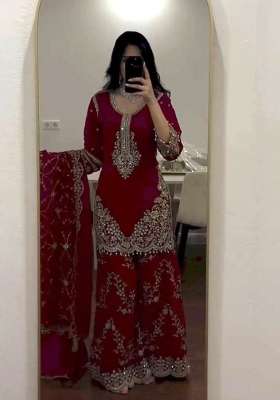 Red Embroidery Georgette Salwar Suit Set