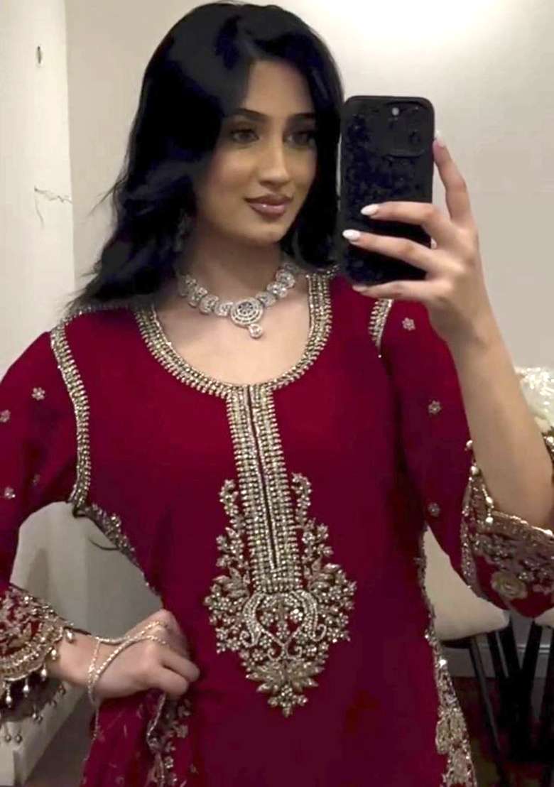 Red Embroidery Georgette Salwar Suit Set - Indya