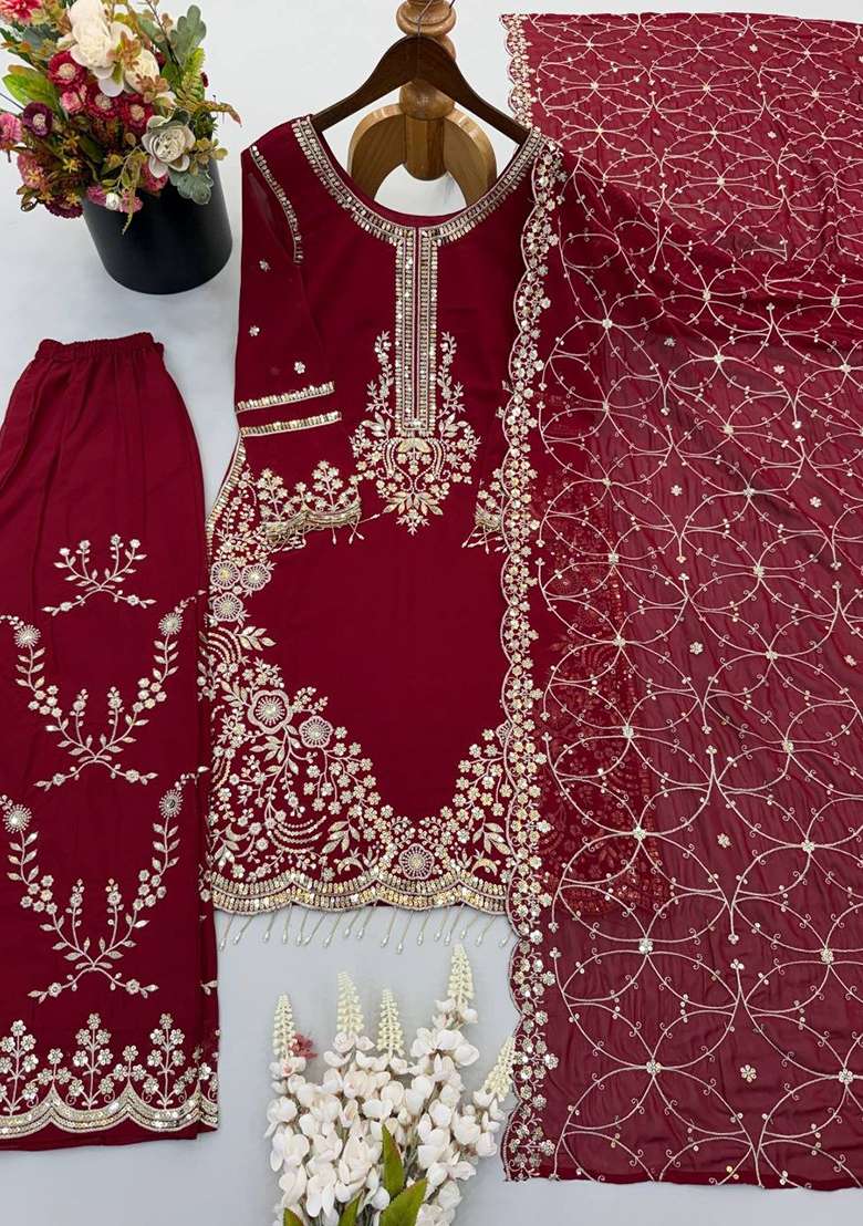 Red Embroidery Georgette Salwar Suit Set - Indya