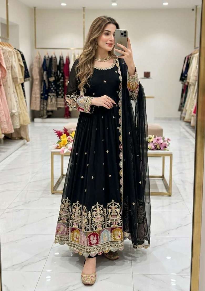 Black Embroidery Georgette Anarkali Gown Set - Indya