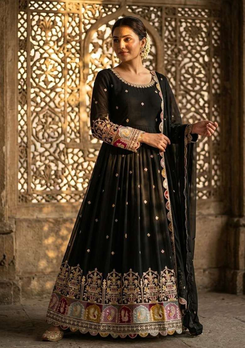 Black Embroidery Georgette Anarkali Gown Set - Indya
